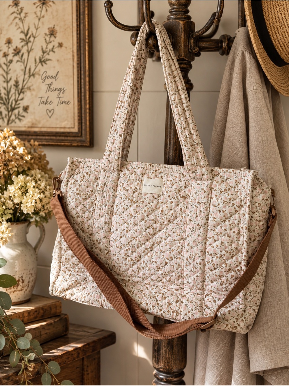 Poppy and Peonies Springfloral Quilted tote